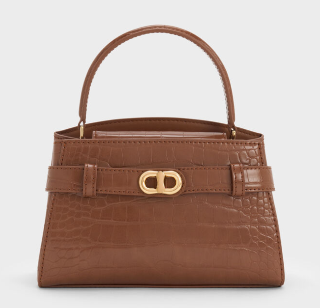 Charles & Ke*th - Aubrielle Croc-Effect Belted Top Handle Bag - Chocolate