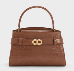 Charles & Ke*th - Aubrielle Croc-Effect Belted Top Handle Bag - Chocolate